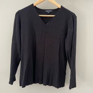 Charlie B Long Sleeve Black Basic Knit Scalloped V-Neck Top